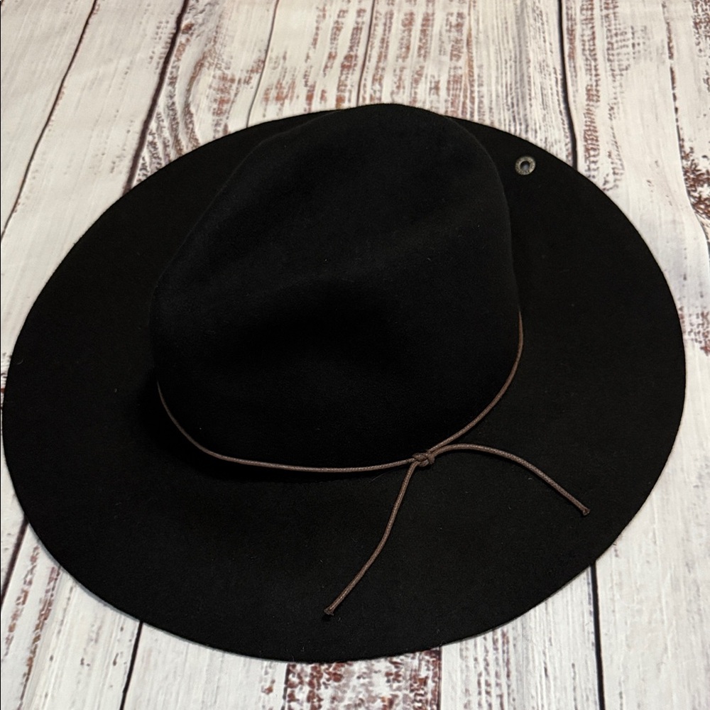 PETER GRIMM Black Wide Brim Wool Fedora Hat with Brown Leather Cord - Picture 15 of 15